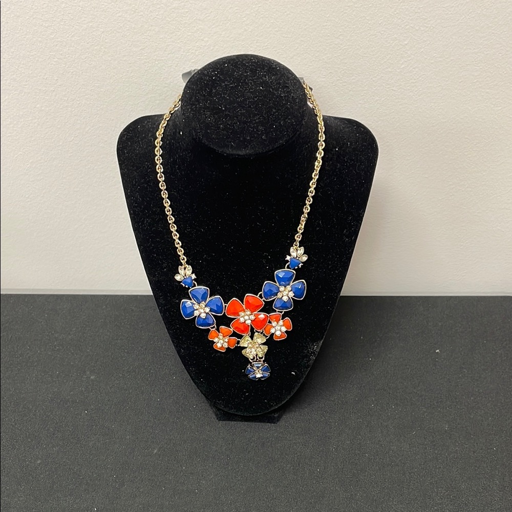 Blue and Red Floral Necklace with Gold Chain